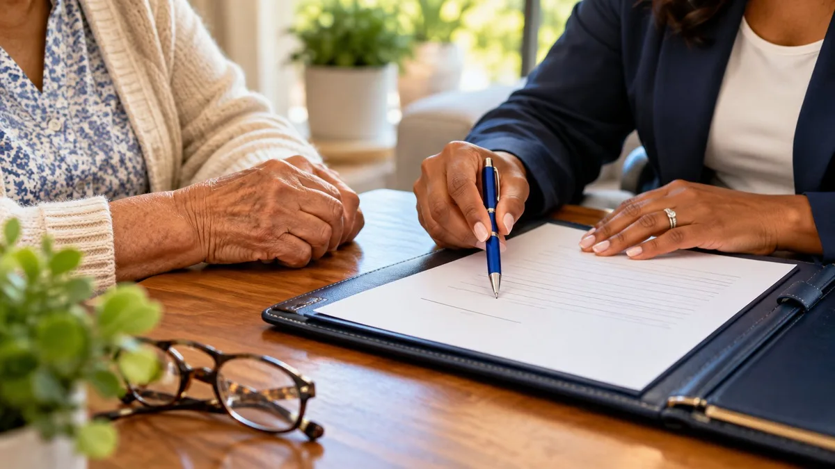 A notary guiding an older client through a document at a table