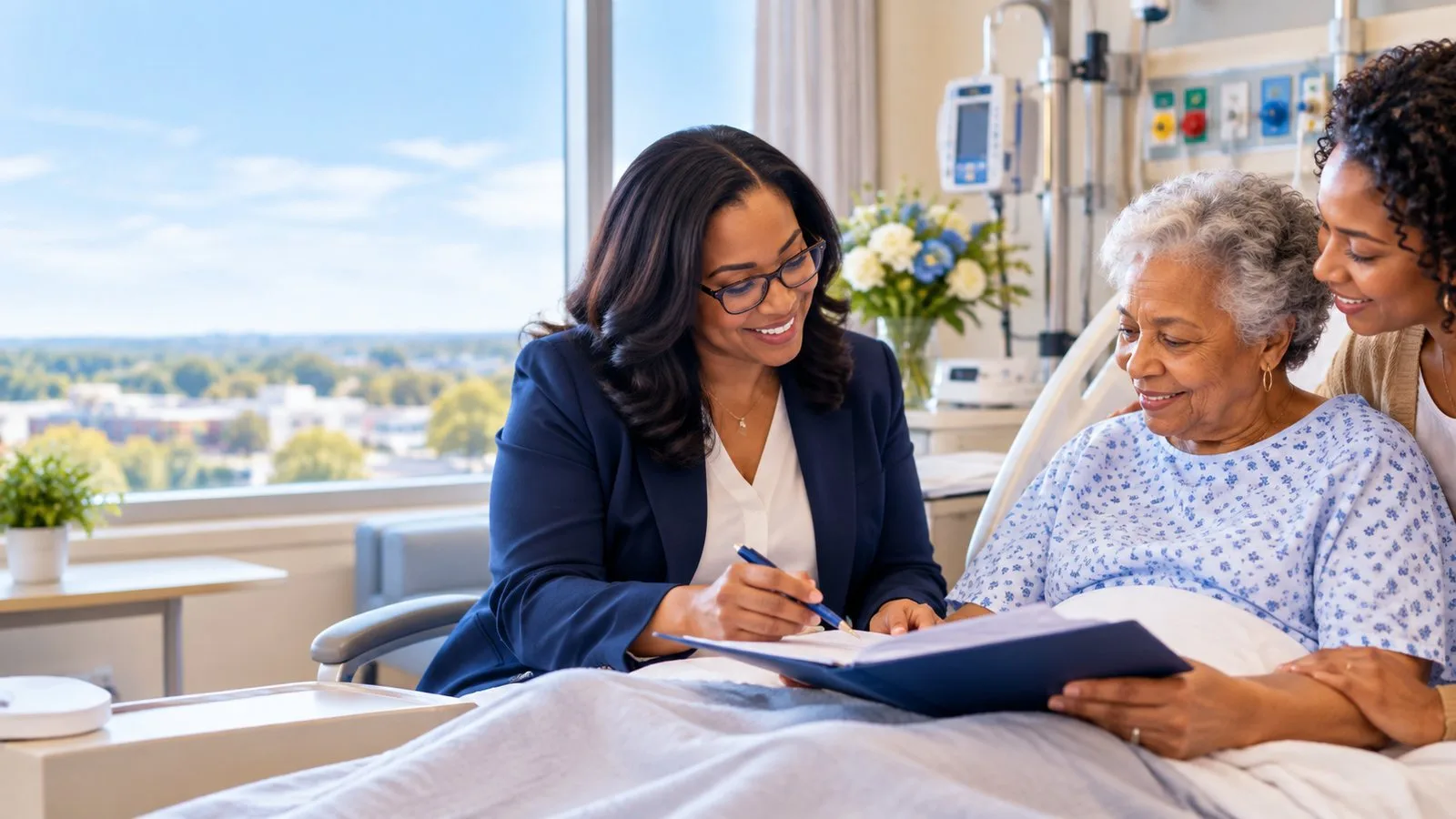 A notary helping an older woman review a document in her hospital bed with her daughter beside her