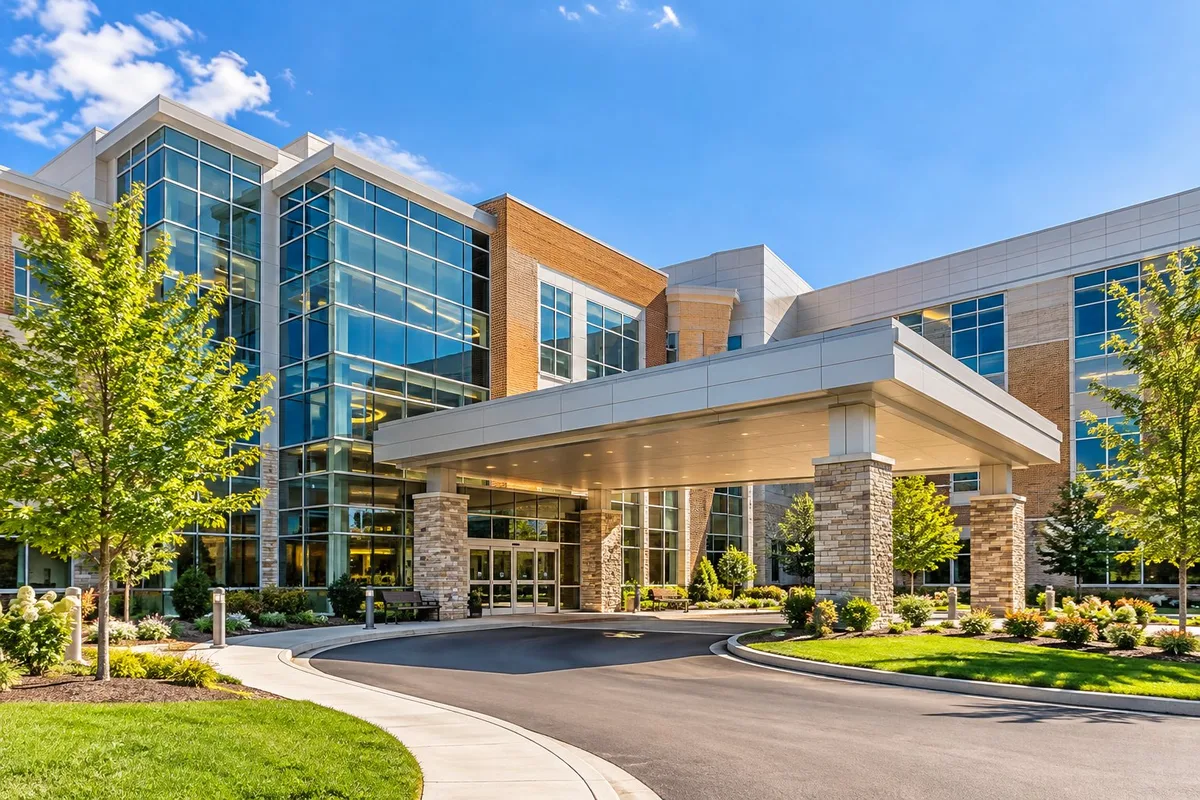 Illustration of a modern hospital entrance with a covered drop-off area
