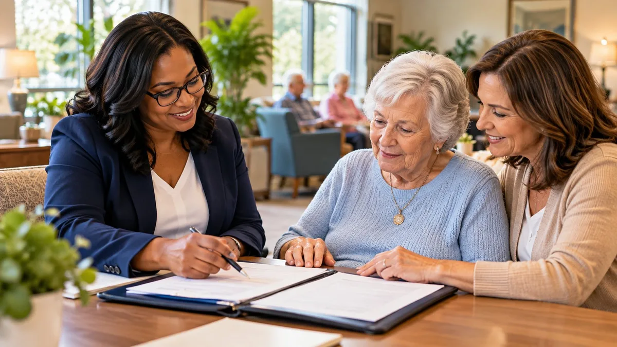 A notary going over paperwork with an older woman and her daughter in a care community lounge