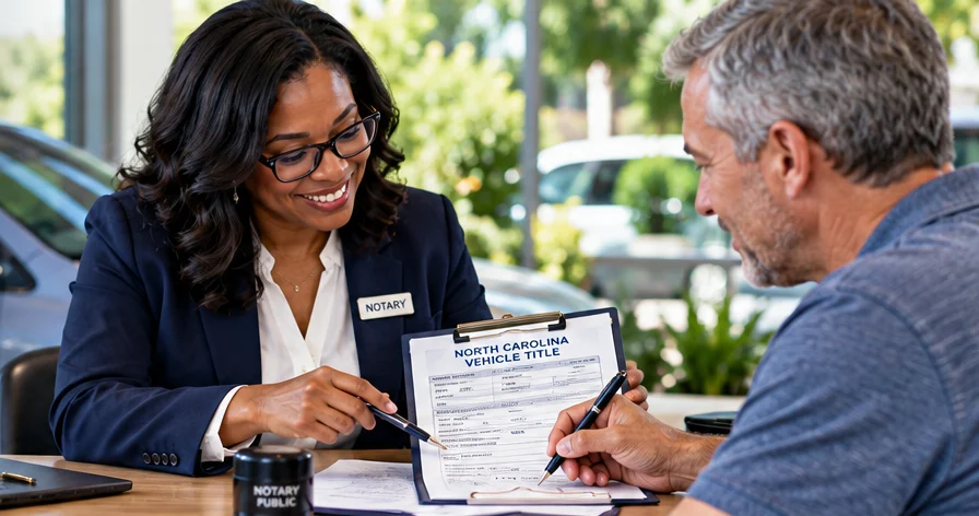 A notary helping a man sign a North Carolina vehicle title