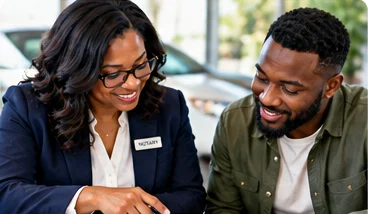 A notary reviewing vehicle paperwork with a client