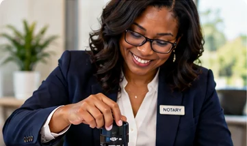 A notary applying her seal to vehicle paperwork