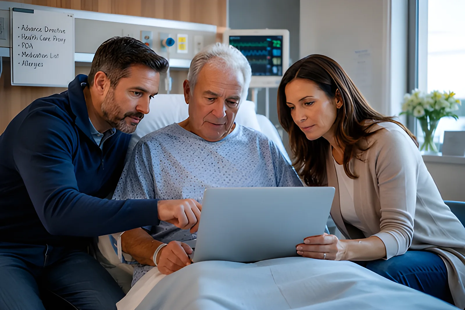 Two adult children review documents on a laptop with their father in a hospital room