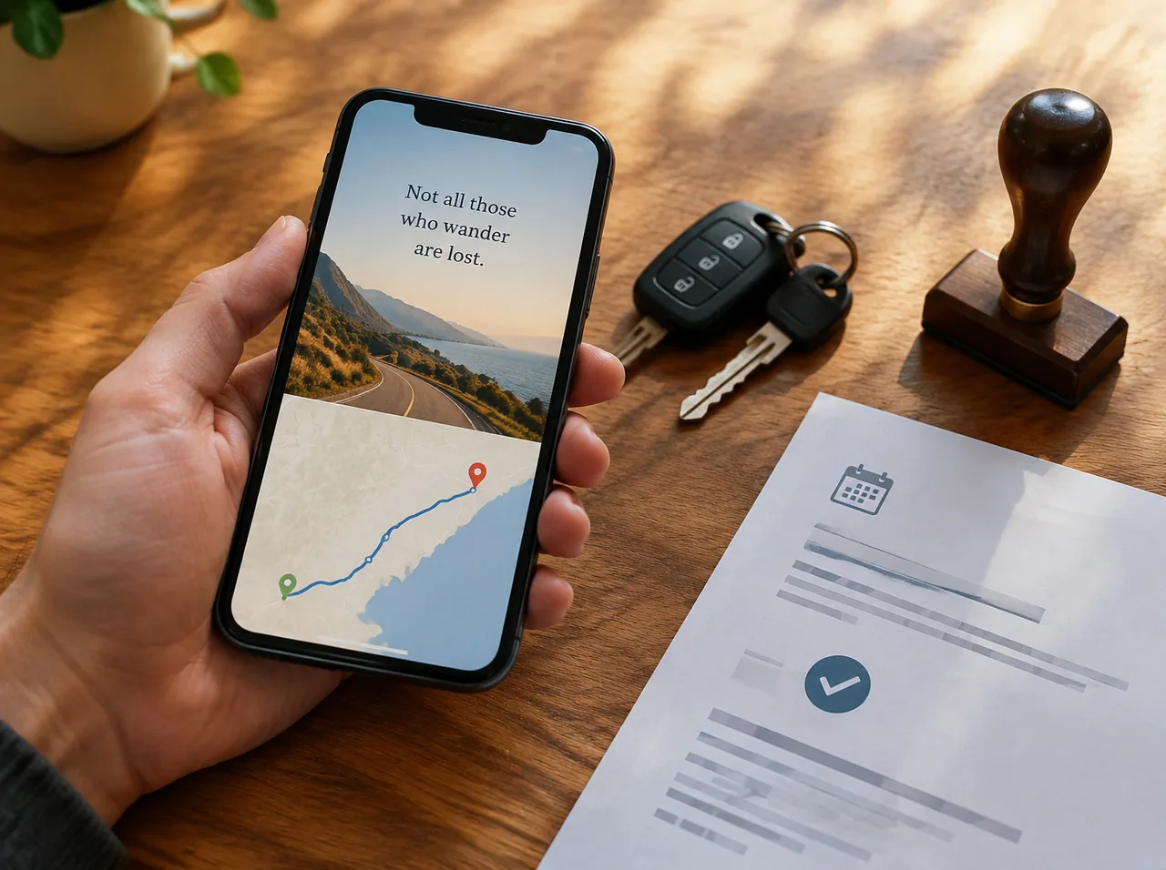 A phone showing a travel quote and route beside car keys and a notary stamp