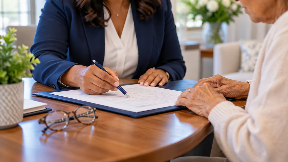 A notary pointing to the signature line while an older client reviews a document