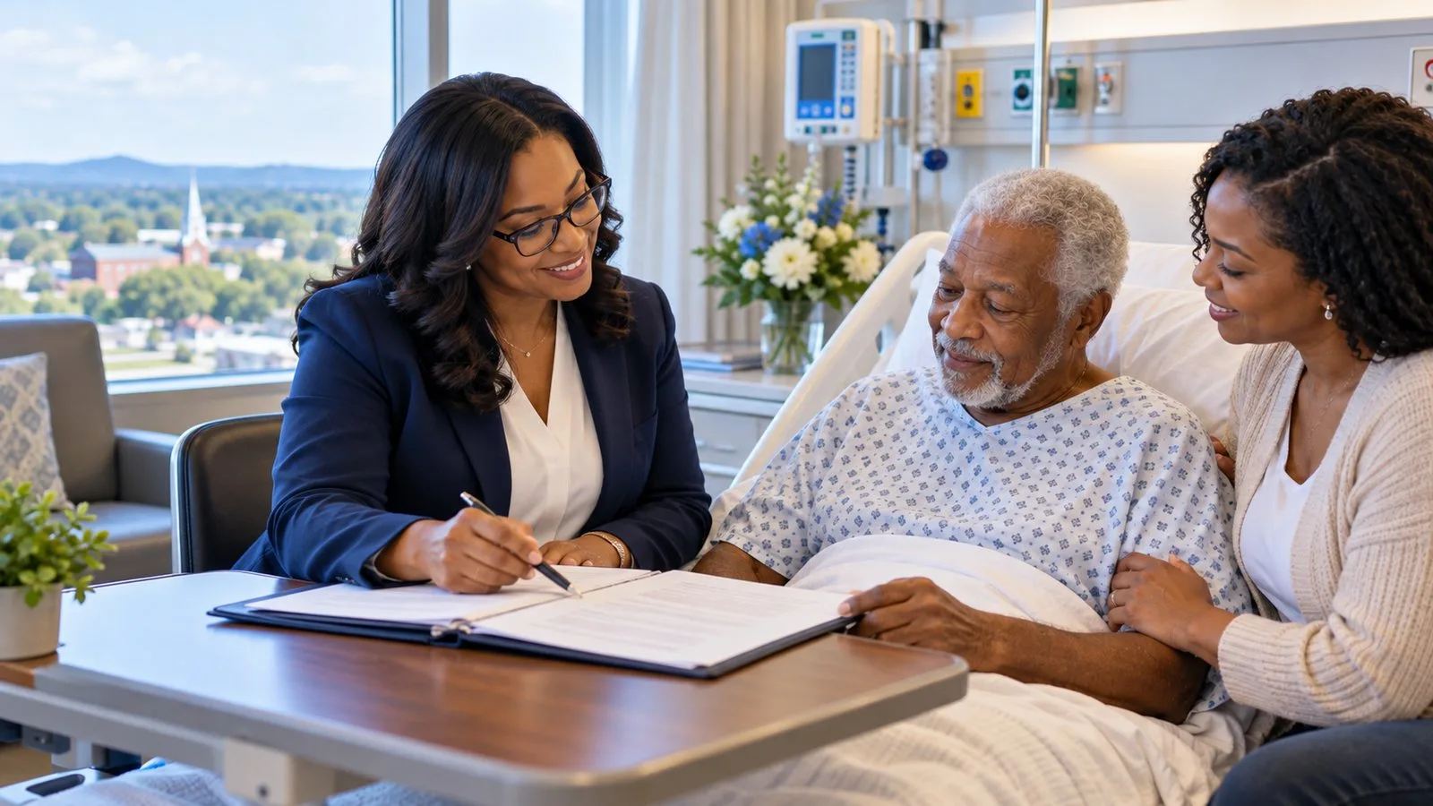 A notary helping an older man sign a document in his hospital bed while his daughter sits beside him