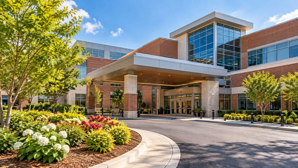 Illustration of a modern hospital entrance with a covered drop-off area