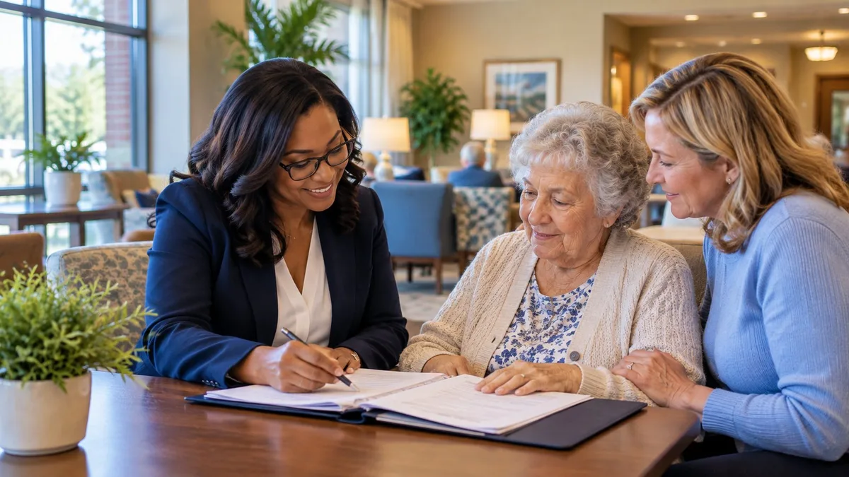 A notary reviewing paperwork with an older woman and her daughter in a senior living lounge