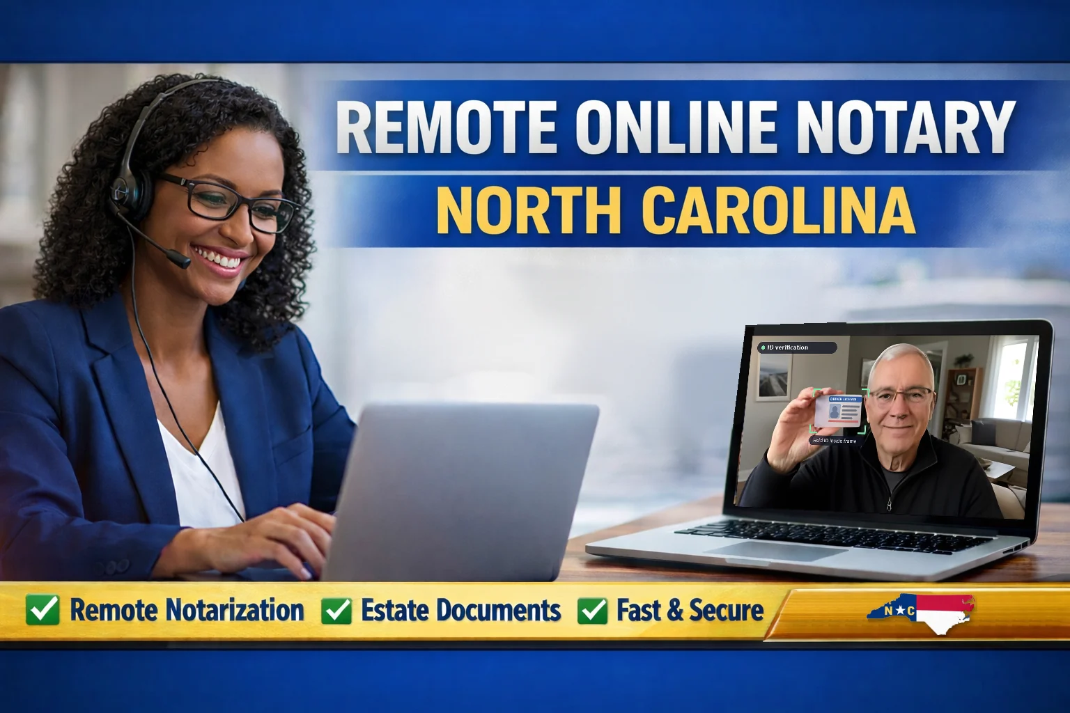 Remote online notary, North Carolina: a notary on a video call with a signer showing his ID