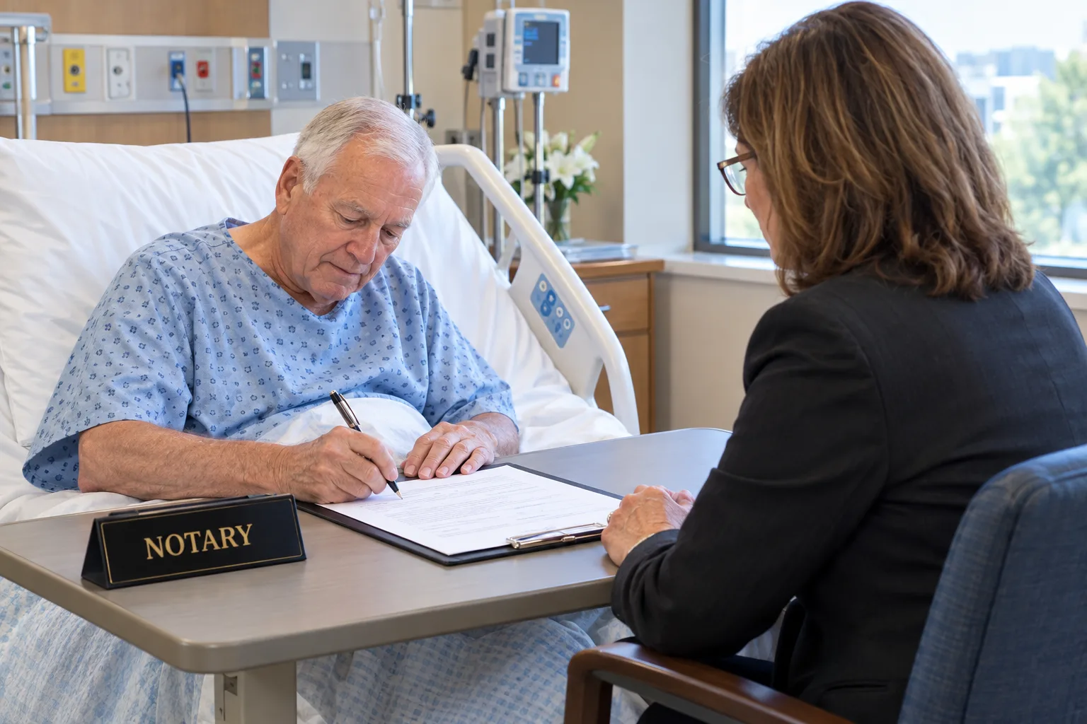 An older man in a hospital bed signing a document while a notary sits beside him