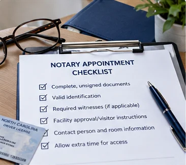A notary appointment checklist on a clipboard with a North Carolina driver license