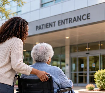 A daughter wheeling her mother toward a hospital patient entrance
