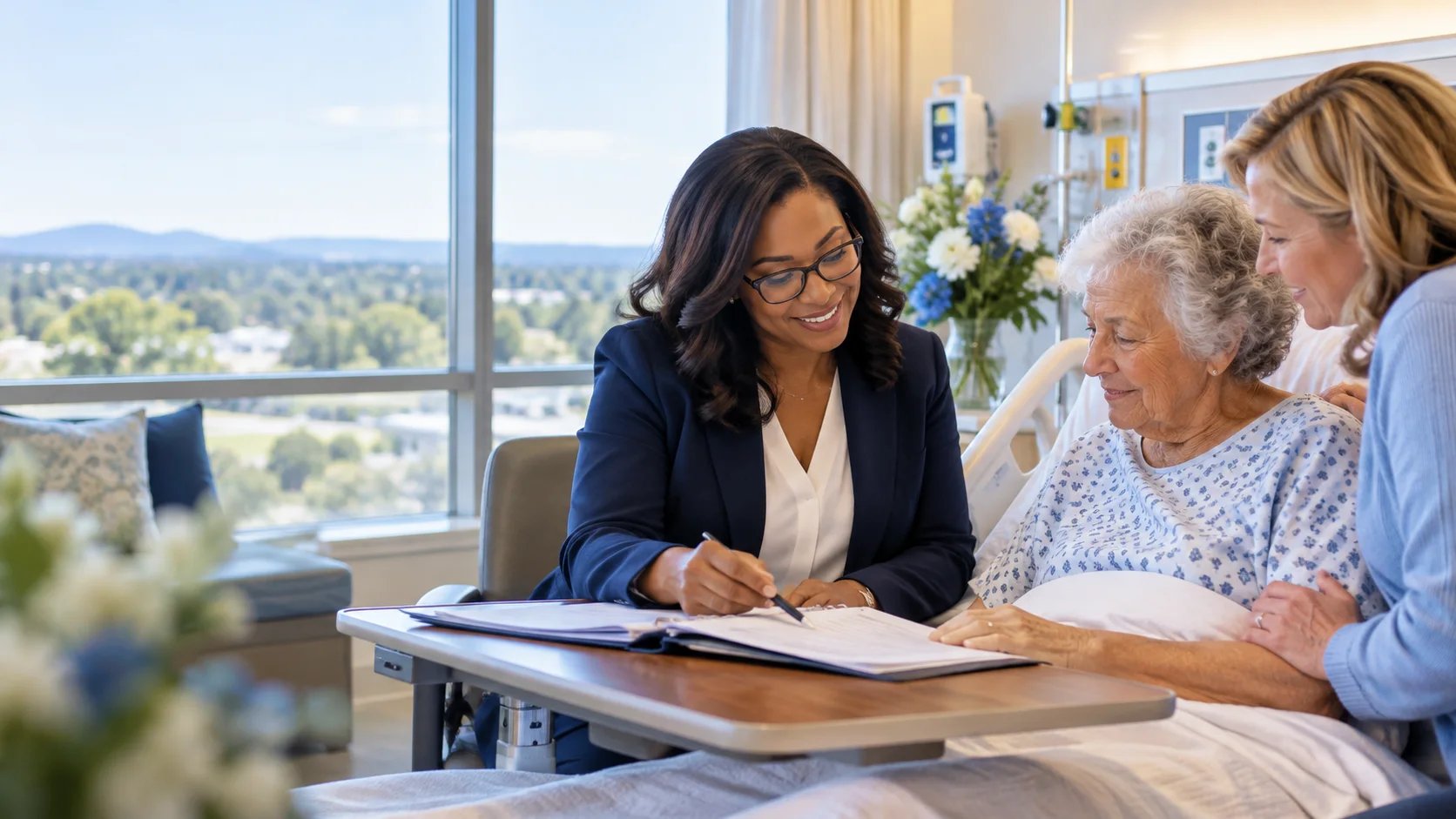A notary helping an older woman in a hospital bed with her daughter beside her