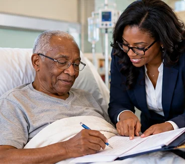An older man in a hospital bed signing a document with a notary