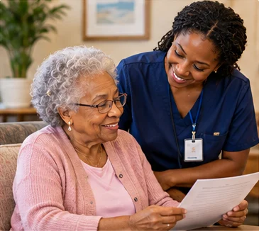 An older woman reviewing a document with a caregiver at a care facility