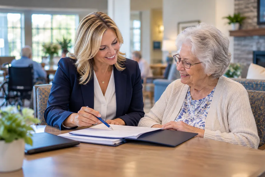 A notary reviewing paperwork with an older woman in a senior living lounge