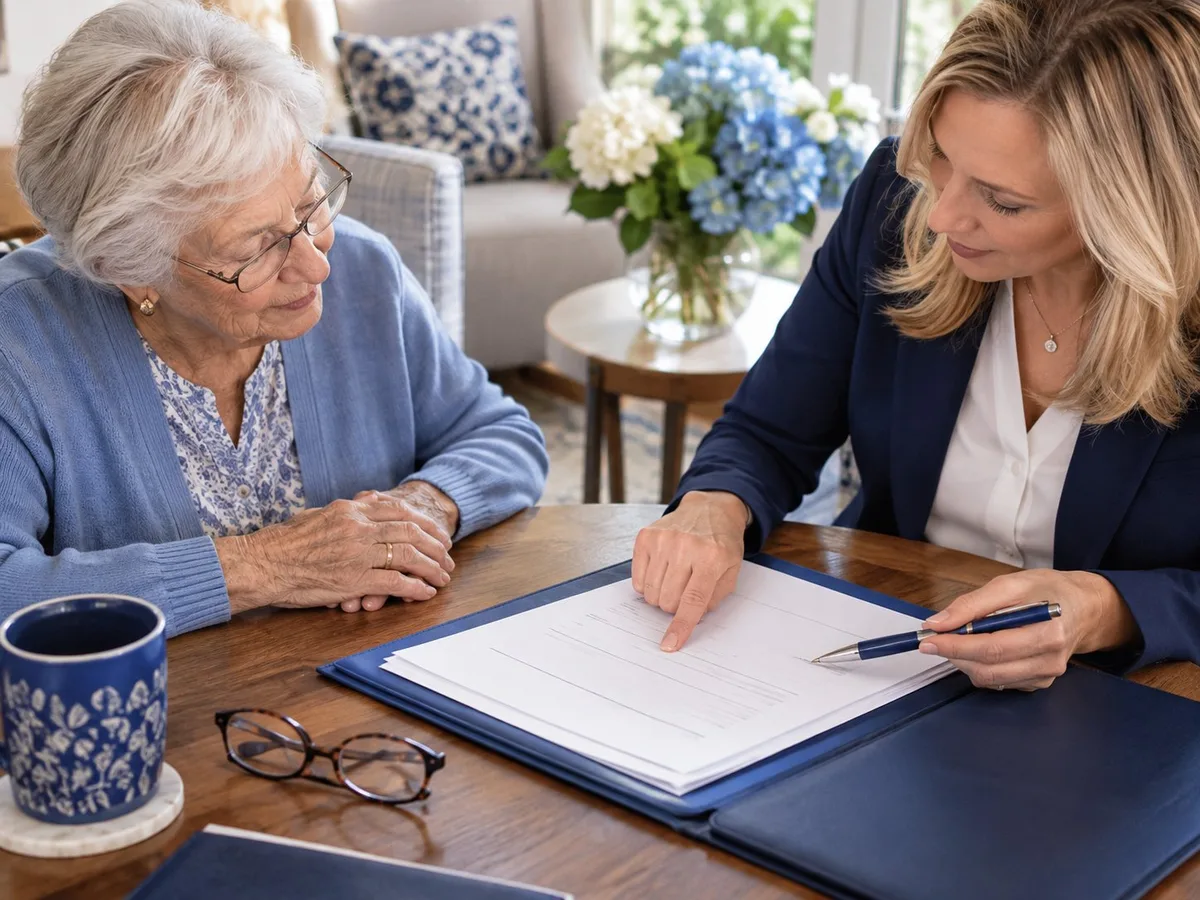 An older woman going over paperwork with a notary at her kitchen table