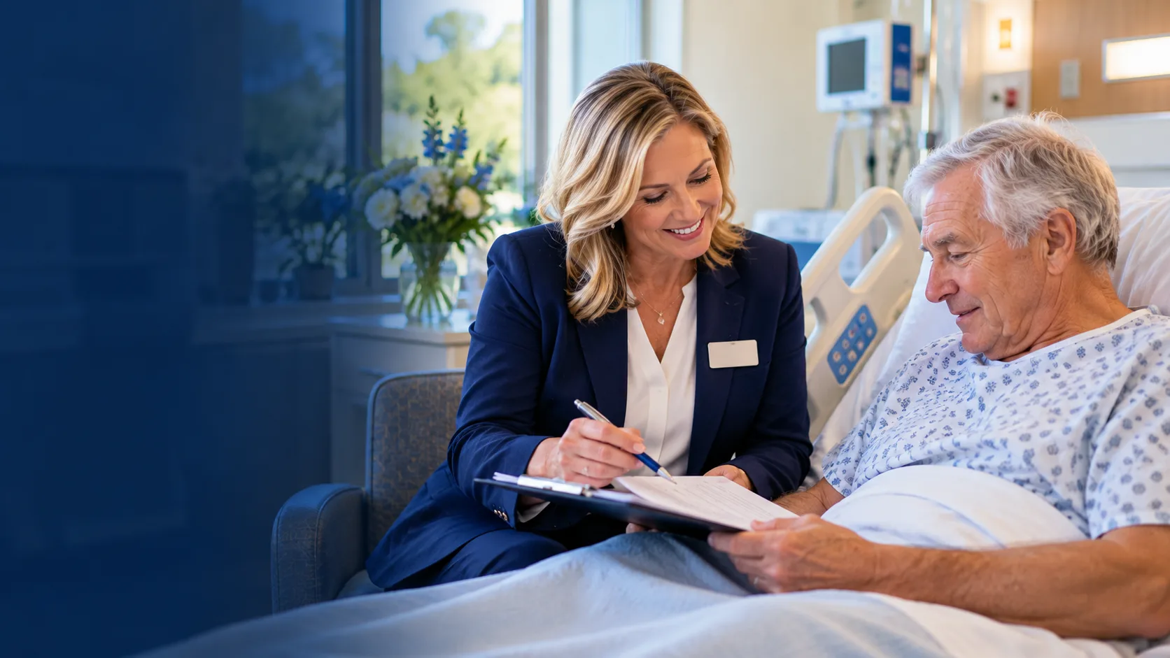 A notary helping an older man sign a document at his hospital bedside