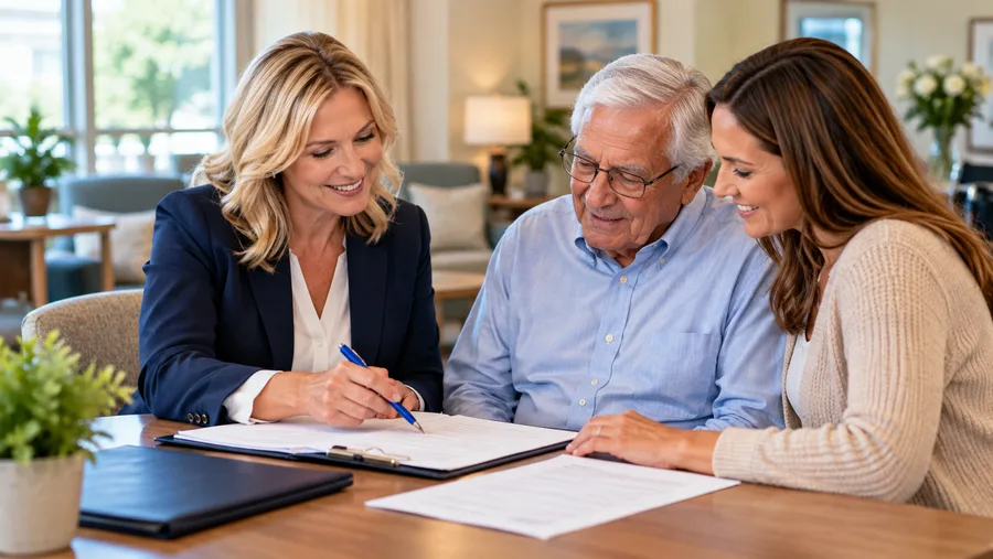 A notary meeting with an older man and his daughter at their dining table