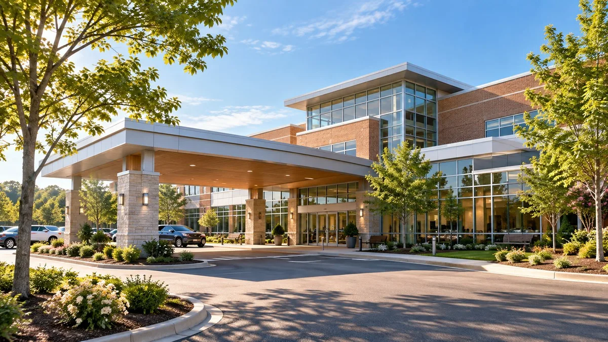 Illustration of a modern hospital entrance with a covered drop-off area