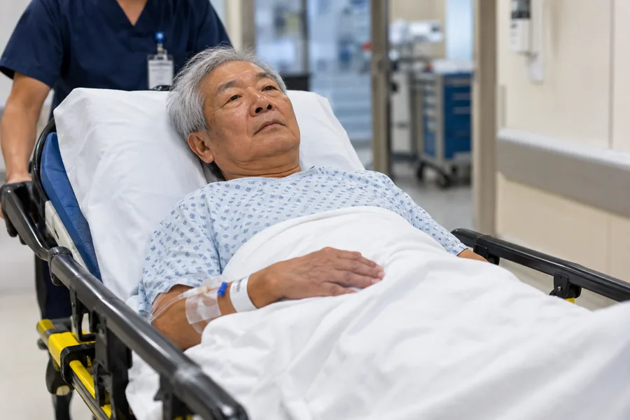 An older man resting on a hospital stretcher while a nurse moves him to his room