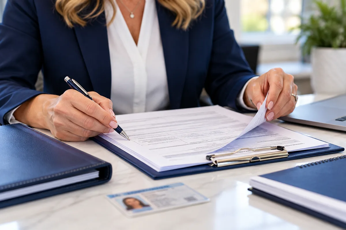 A notary reviewing a document next to a client's photo ID