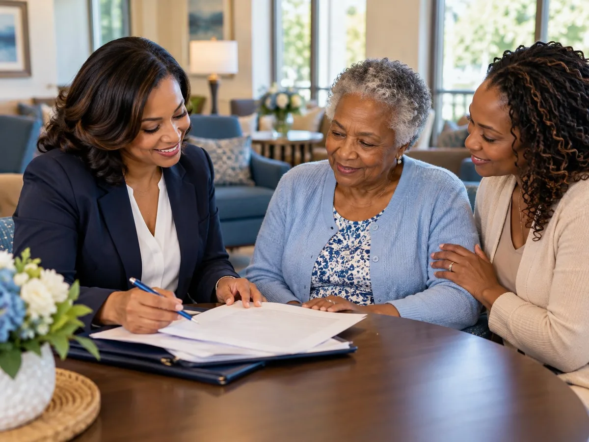 A notary with an older woman and her daughter in a senior living lounge