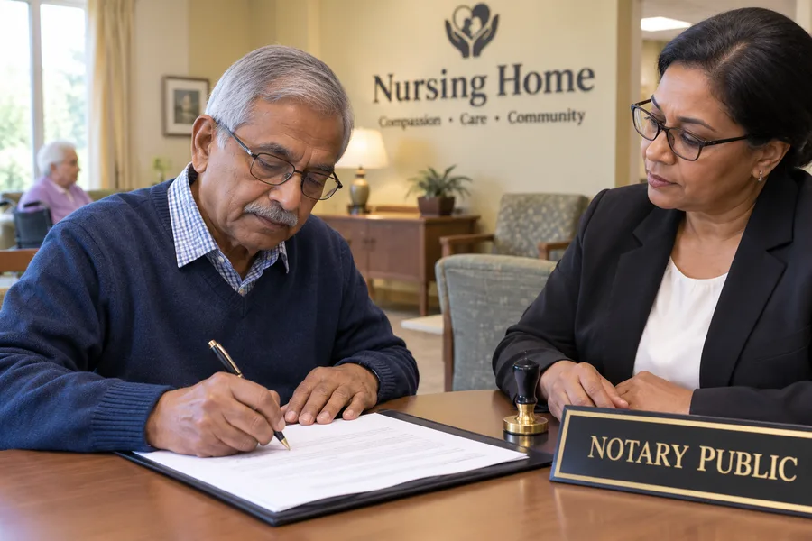 An older man signing a document with a notary at a nursing home