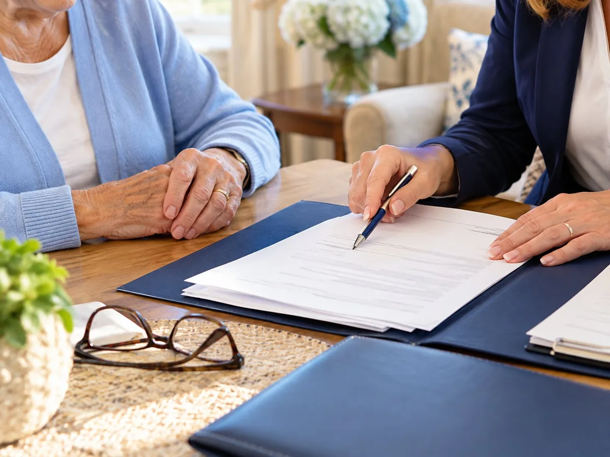 A notary and an older client going over pages of a document at a table
