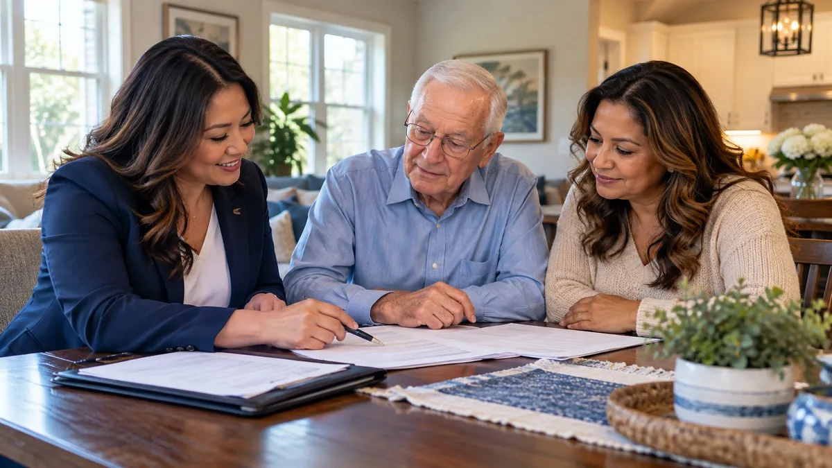 A notary reviewing documents with an older man and his daughter at home