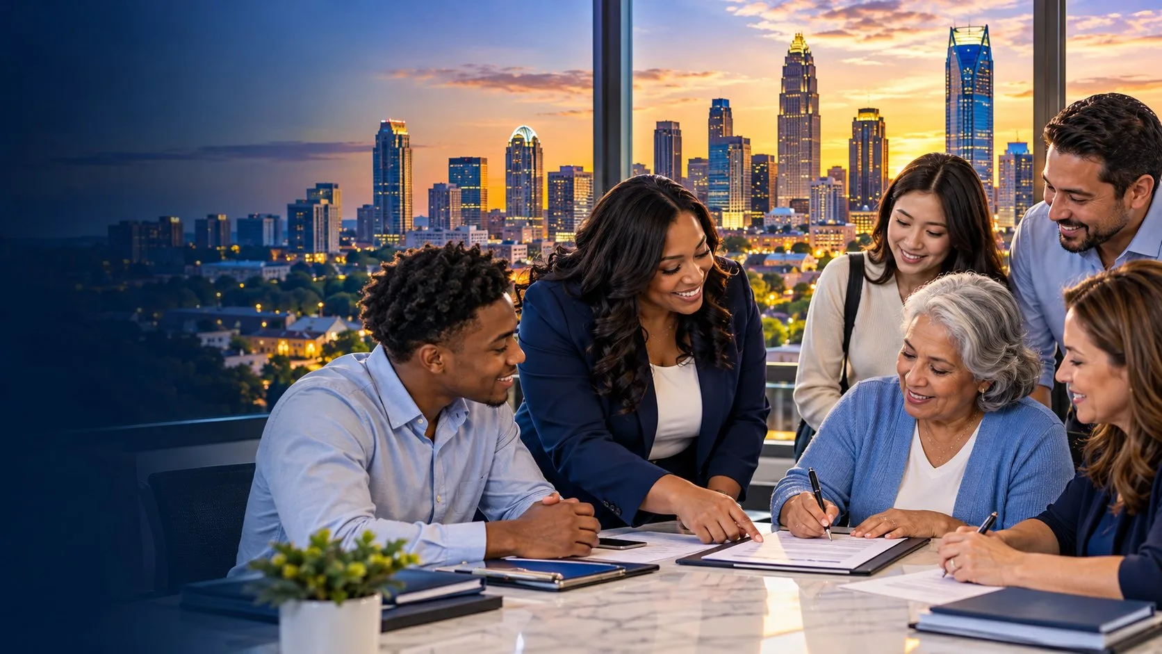 A notary with a family signing documents at a table in front of the Charlotte skyline