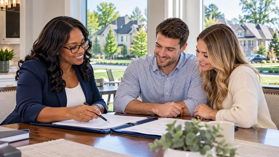 A notary with a young couple signing papers at their dining table