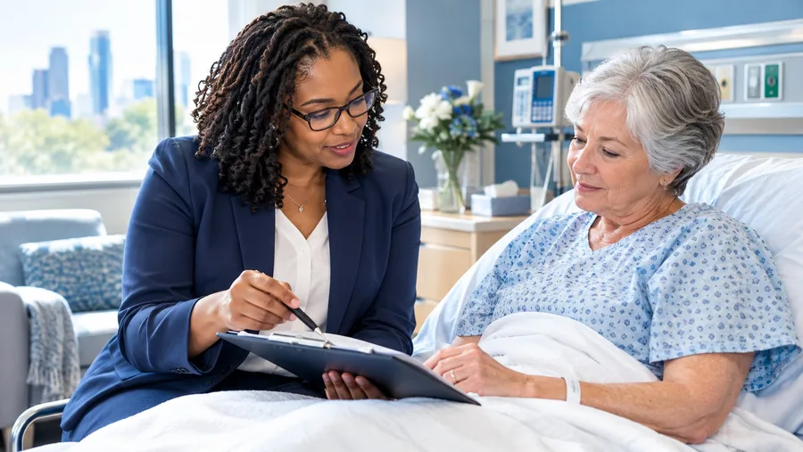 A notary going over a document with an older woman in her hospital bed