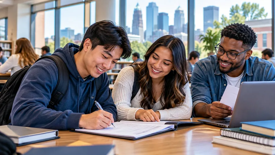 College students signing paperwork together at a library table