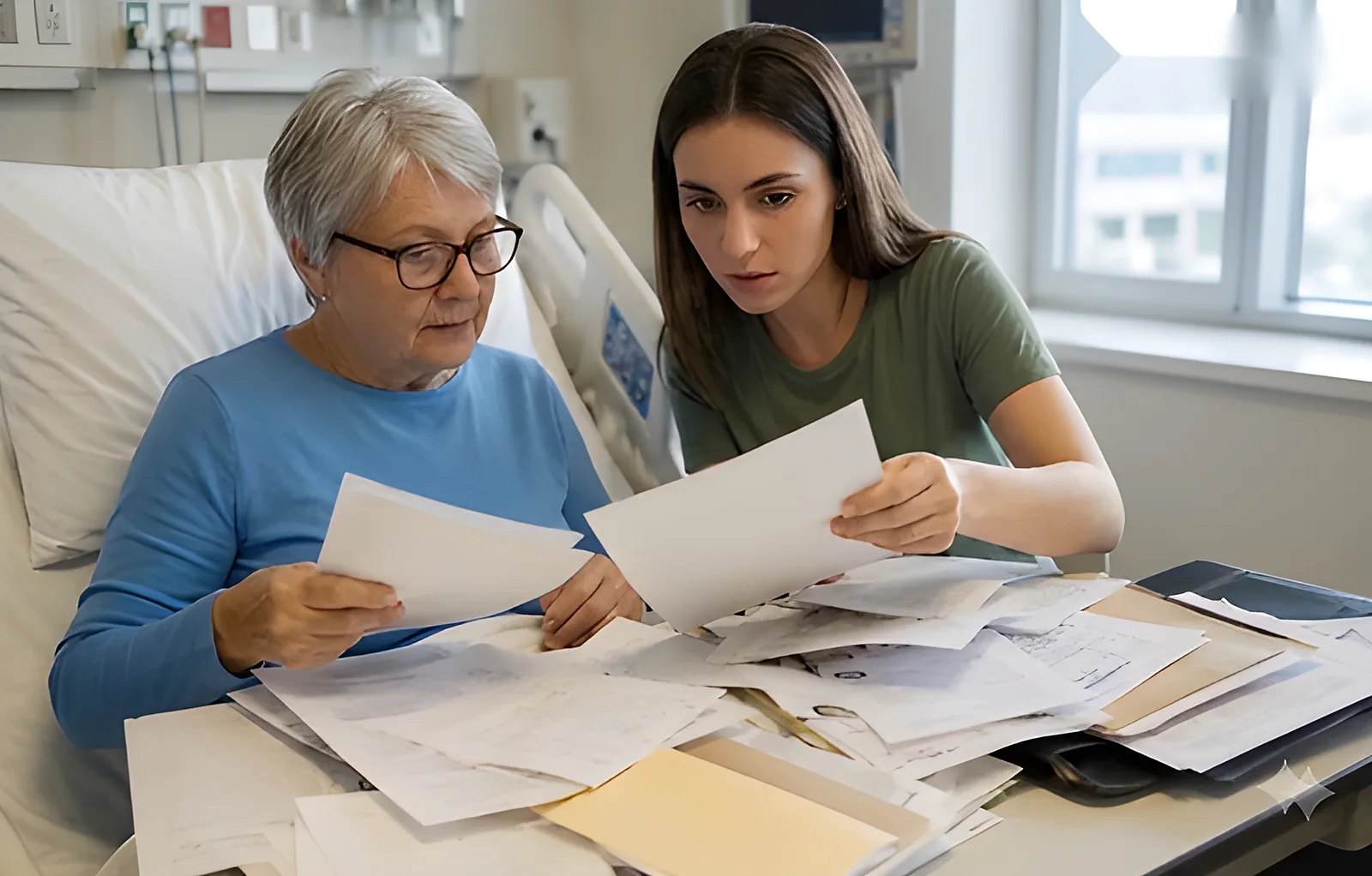 An adult daughter helping her mother review documents at home