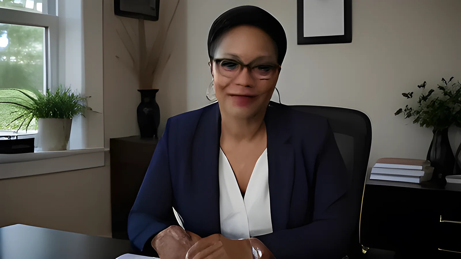A smiling notary public wearing glasses at her desk, on a video call