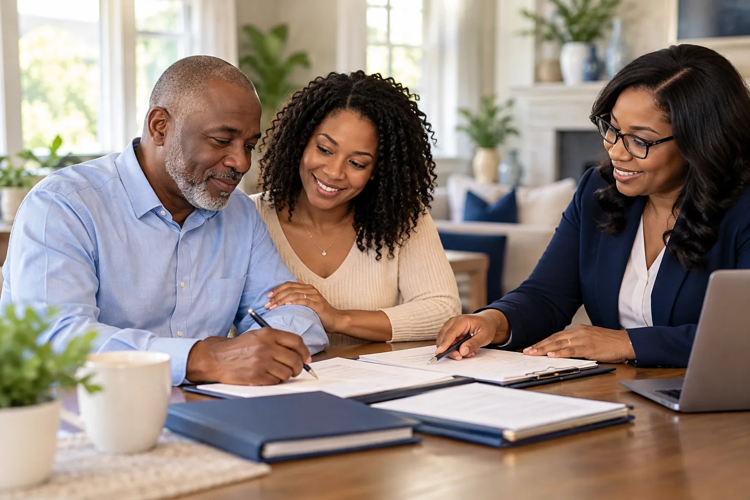 A father signing a power of attorney with his daughter beside him and a notary at the table