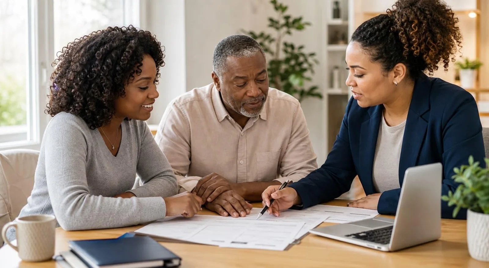 A notary explaining a document to a father and daughter
