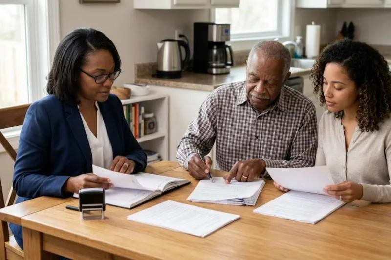 A notary with her stamp at a kitchen table with an older man and his daughter