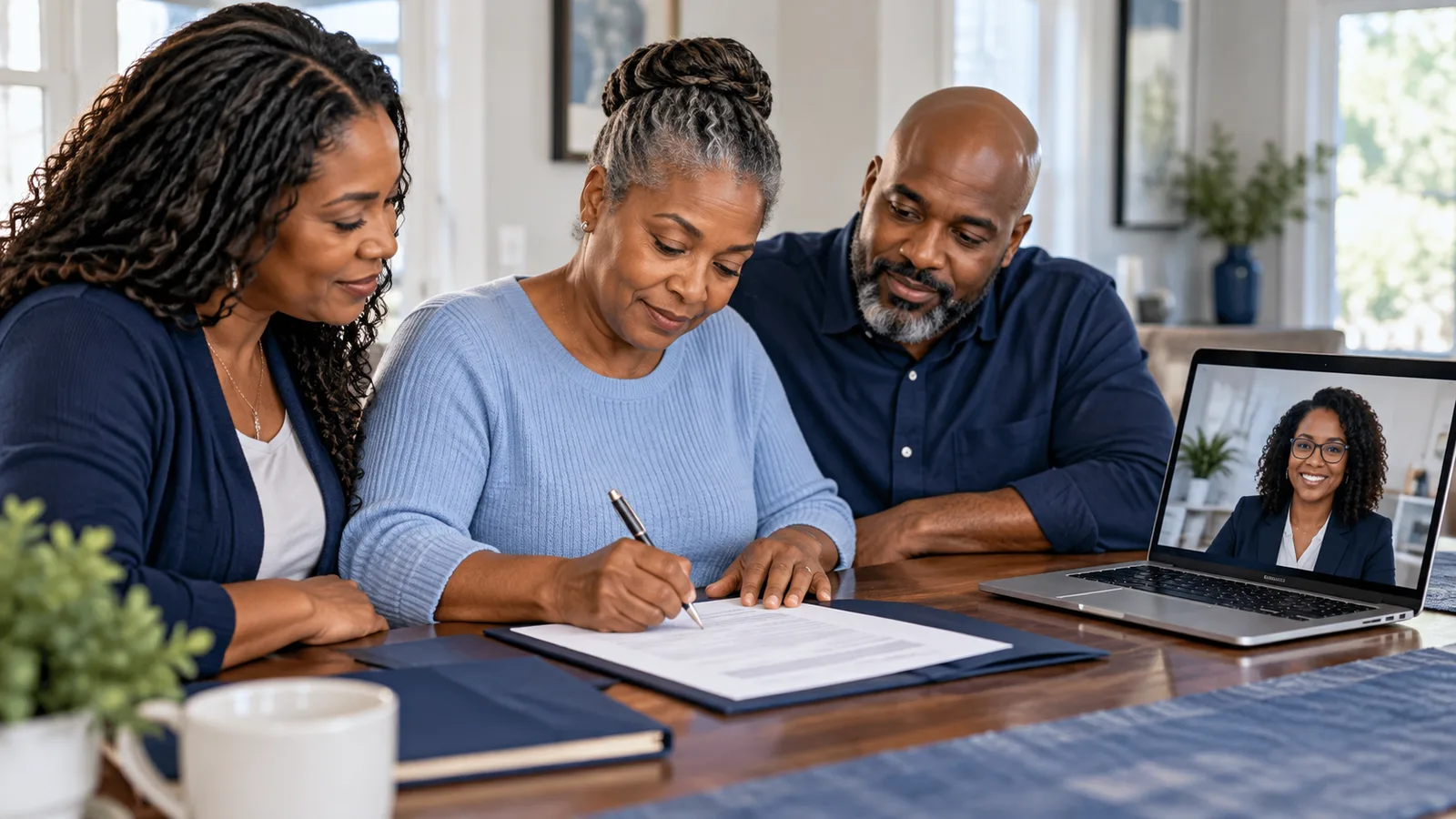 A mother signing a document at home with her adult children while a notary appears on a laptop