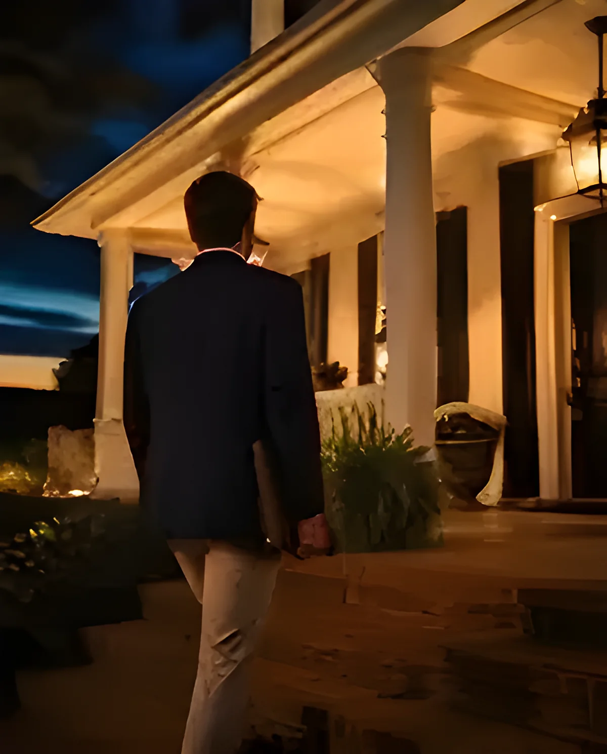 A professional carrying a document portfolio up the front steps of a home at dusk