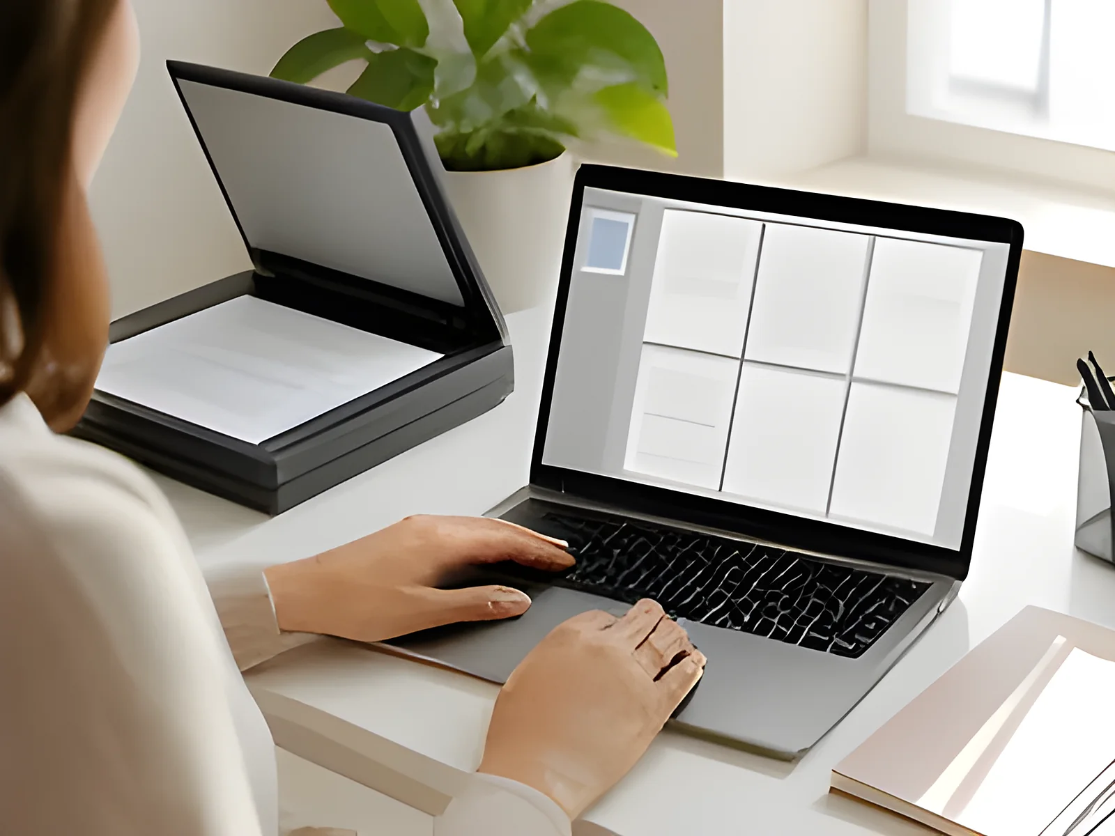 Hands at a laptop showing a PDF document, with a scanner on the desk