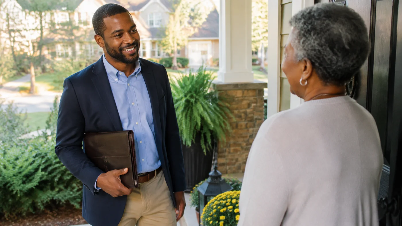 A mobile notary greeted at the front door by an older woman