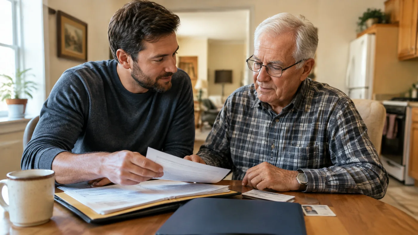 An adult son going over paperwork with his father at the kitchen table
