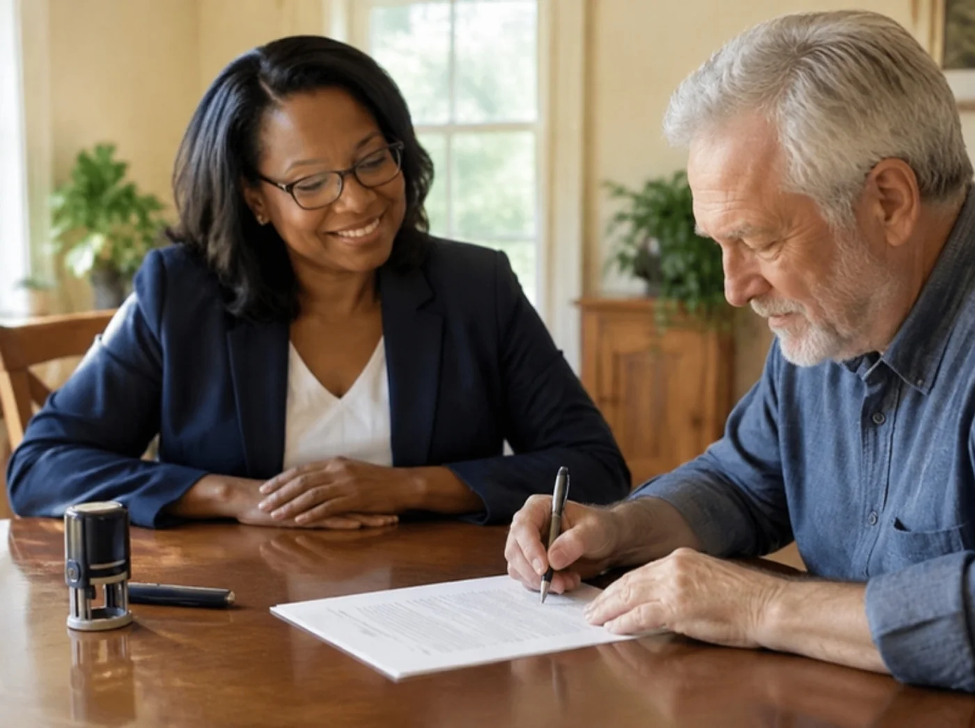 A notary watches an older man sign a document at his dining table