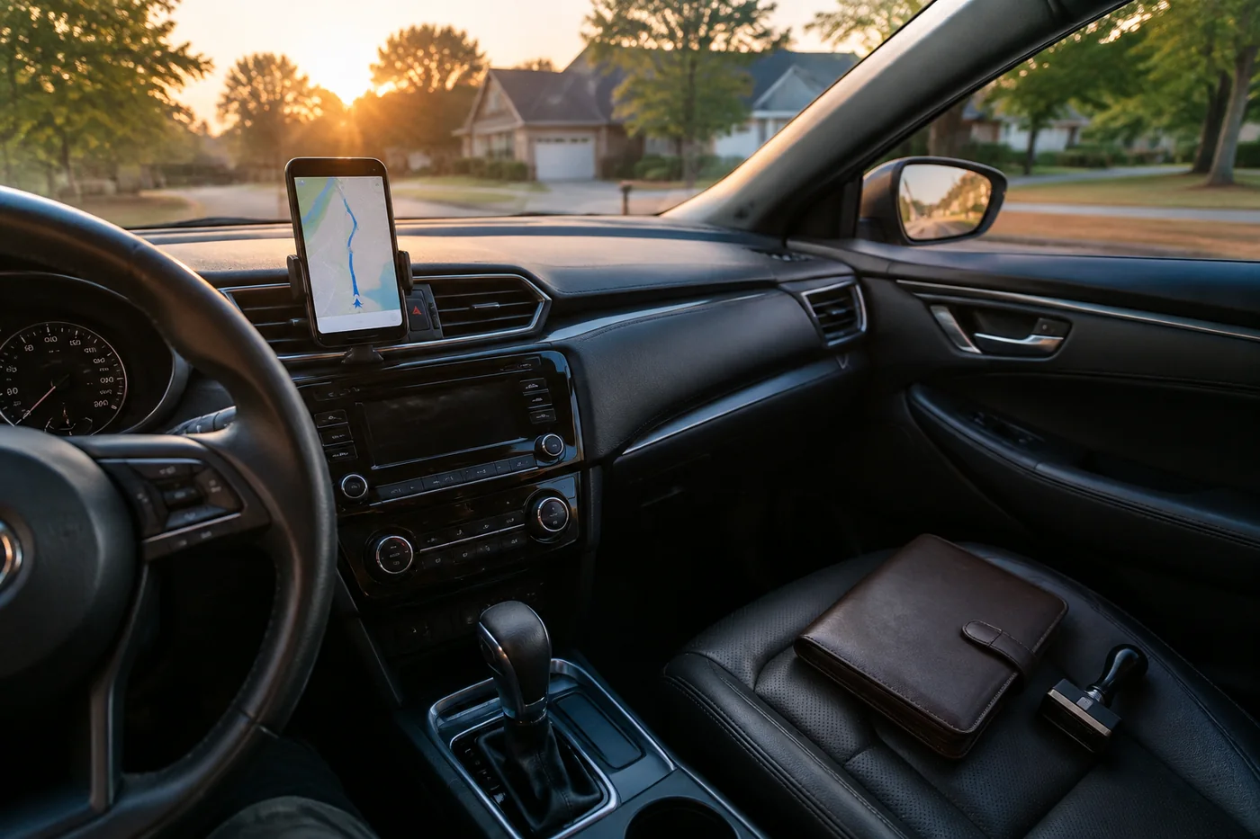 A notary's journal and stamp on the passenger seat on the way to a visit
