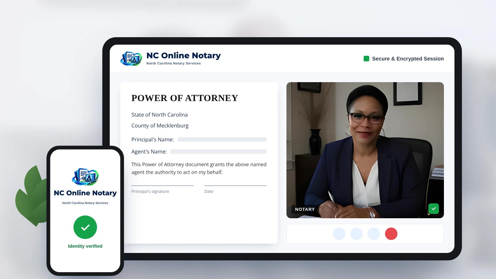 A North Carolina notary on a secure video session with a power of attorney on a tablet