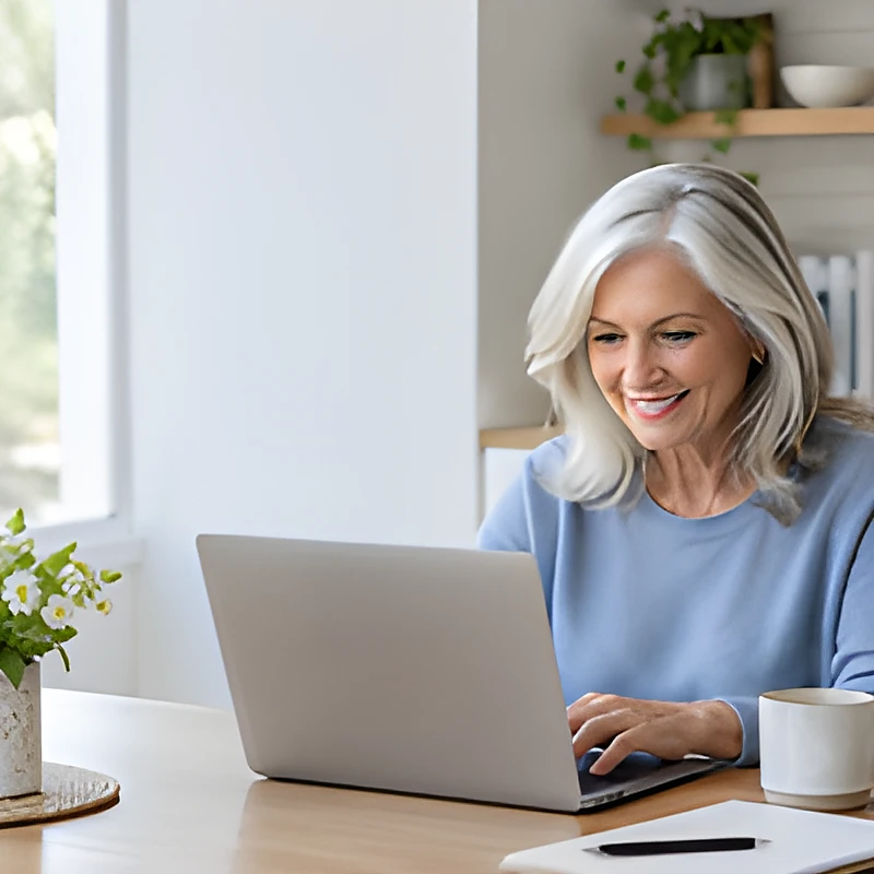 A smiling woman fills out an online request on her laptop at the kitchen table
