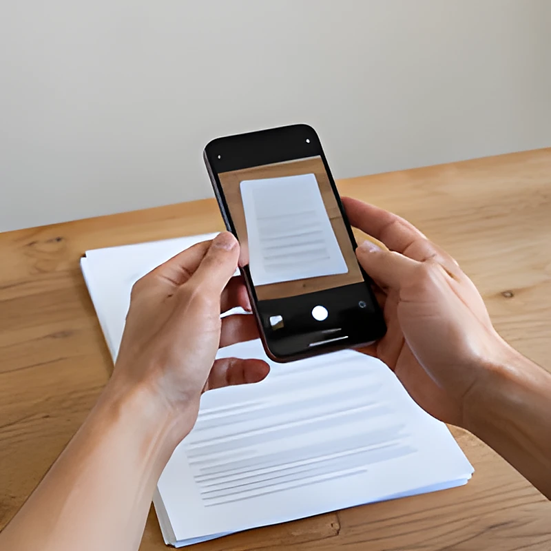 Hands photographing a printed document with a phone to upload it
